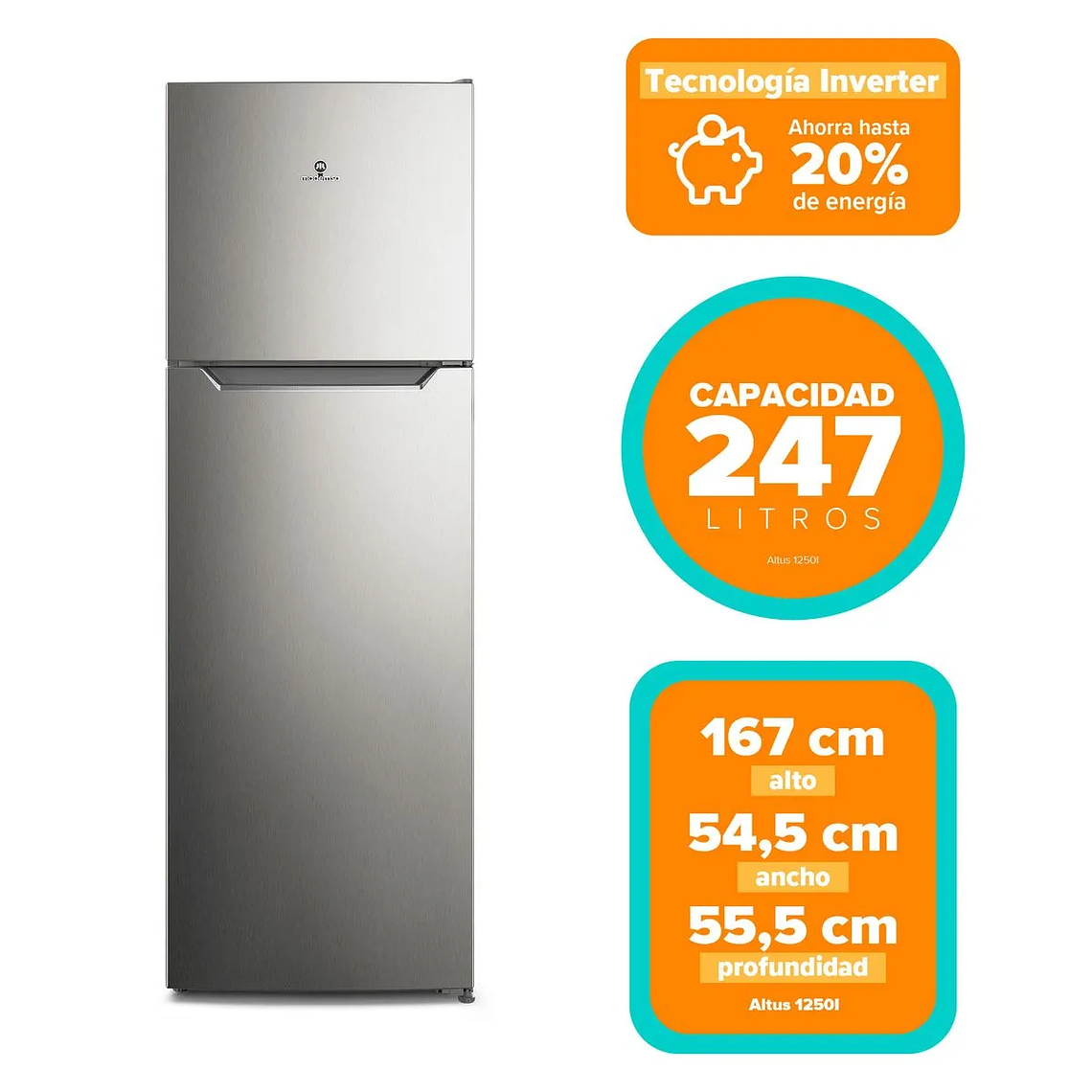 Refrigerador Mademsa 247L No Frost Top Freezer Inverter Puerta Reversible Altus 1250I Inox 2