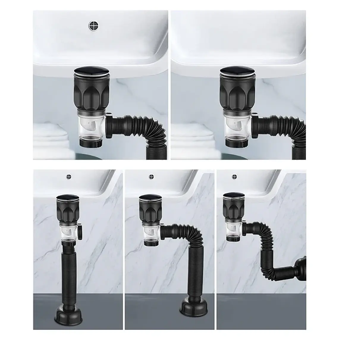 Desagüe universal con tubo sifón fexible para vanitorio Domsa WY020-Negro 6