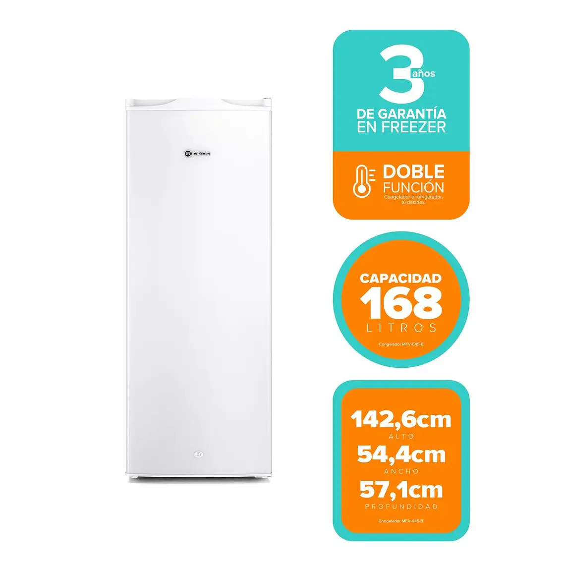 Congelador Freezer Mademsa Vertical 168L Frío Directo con Puerta Reversible MFV645B Blanco 1