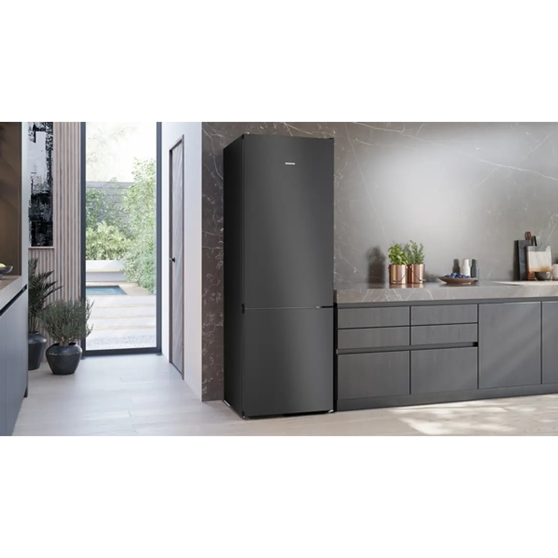 SIEMENS iQ300, Refrigerador combi de libre instalación, 203 x 70 cm, Acero negro antihuellas 3
