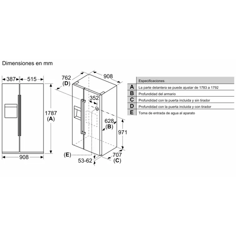 iQ500, Refrigerador americano, 178.7 x 90.8 cm, Acero inoxidable 20