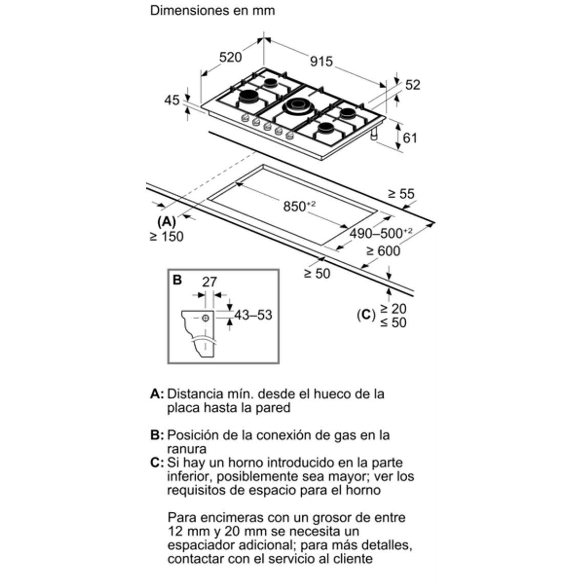 Encimera BOSCH Serie 6 Gas acero 90 cm · PCR9A5I90 6