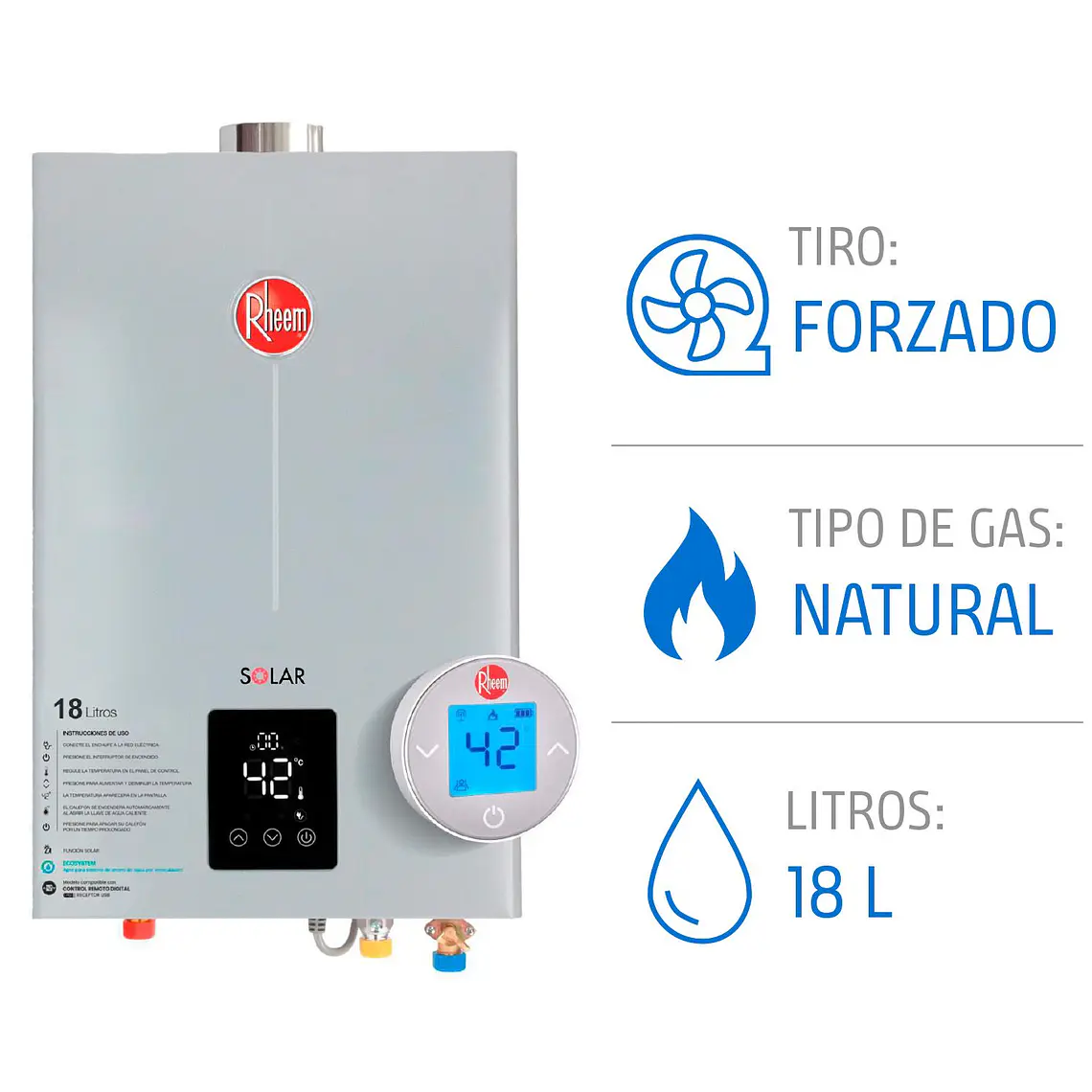 Calefont 18 litros Gas Natural Tiro Forzado USB Rheem 1
