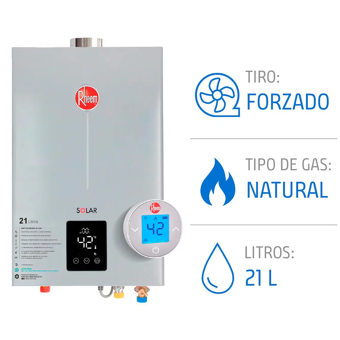 Calefont 21 litros Gas Natural Tiro Forzado USB Rheem 1