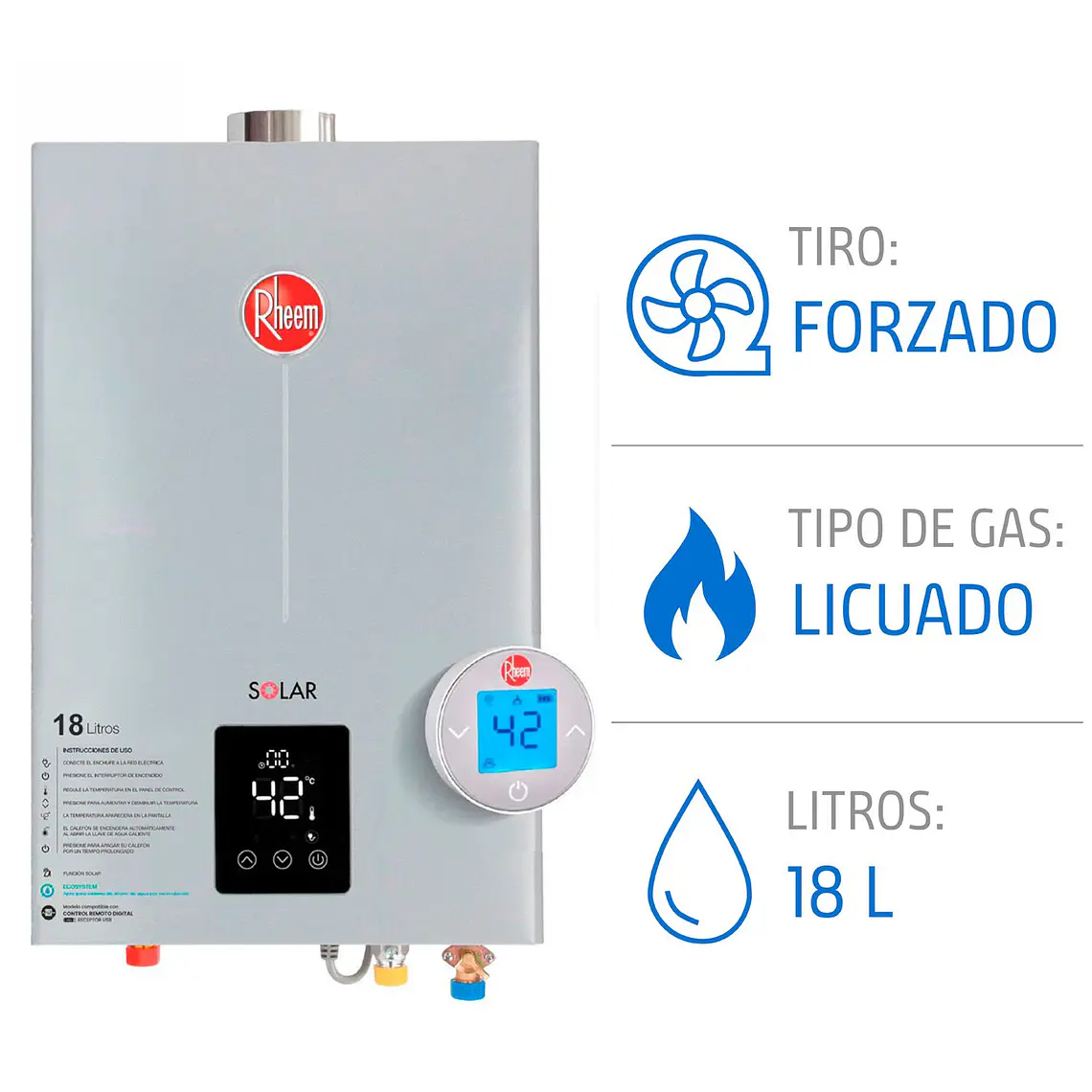 Calefont 18 litros Gas Licuado Tiro Forzado USB Rheem 3