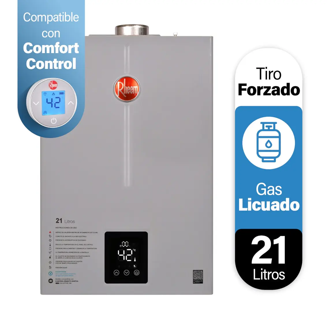 Calefont 21 litros Gas Licuado Tiro Forzado USB Rheem 1