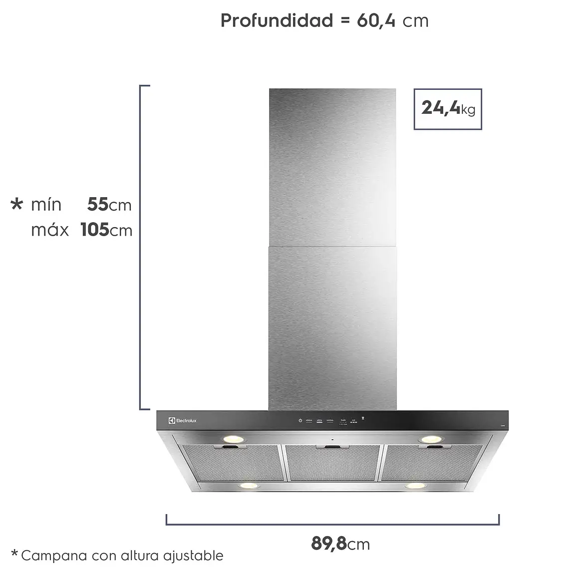 CAMPANA COCINA EXTRACTORA ELECTROLUX DECORATIVA ISLA 90CM TIMER Y PANEL TOUCH CE9IF INOX 2