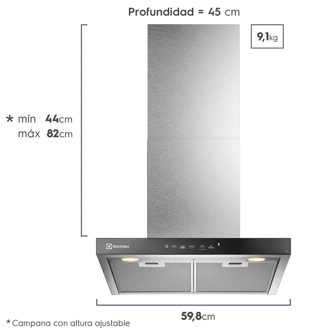CAMPANA COCINA EXTRACTORA ELECTROLUX DECORATIVA PARED 60CM TIMER Y PANEL TOUCH CE6TF INOX 2
