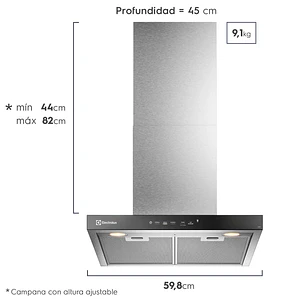 CAMPANA COCINA EXTRACTORA ELECTROLUX DECORATIVA PARED 60CM TIMER Y PANEL TOUCH CE6TF INOX