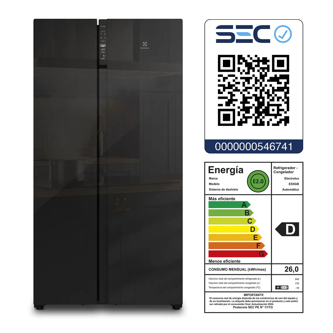 REFRIGERADOR ELECTROLUX 525L NO FROST SIDE BY SIDE INVERTER EFFICIENT AUTOSENSE ES5GB VIDRIO NEGRO 8