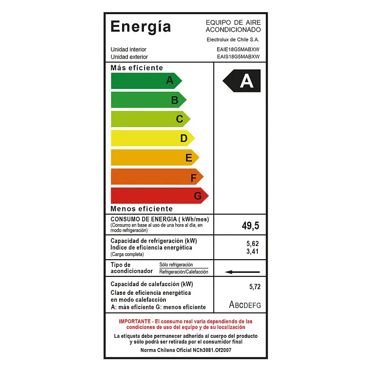 Aire Acondicionado Electrolux Inverter 18.000 BTUs Frío/Calor Efficient Auto Restart 19