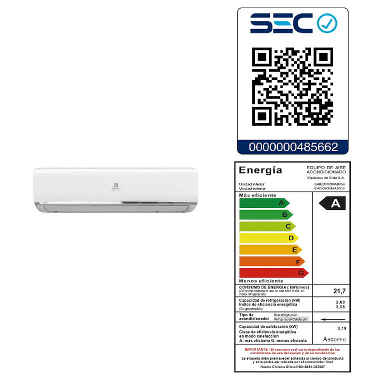 Aire Acondicionado Electrolux Inverter 9.000 BTUs Frío/Calor Efficient Auto Restart 17