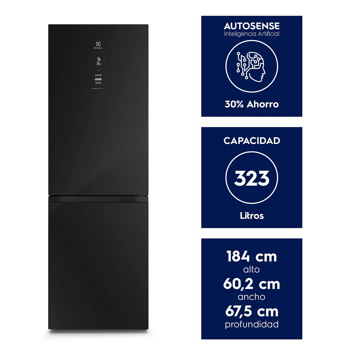 Refrigerador Electrolux 323L No Frost Bottom Freezer Efficient AutoSense DB60GE Negro Glass 2