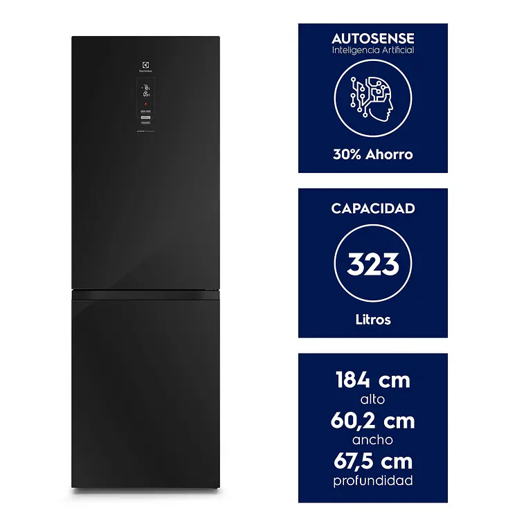 Refrigerador Electrolux 323L No Frost Bottom Freezer Efficient AutoSense DB60GE Negro Glass 2