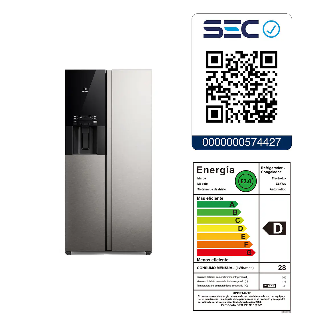 Refrigerador Electrolux 481L No Frost Side by Side Inverter AutoSense Dispensador Agua y Hielo ES4WS Inox 12