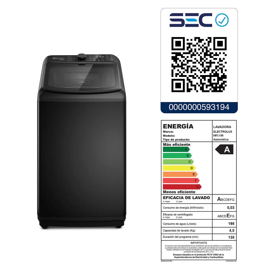 Lavadora Electrolux 13kg Carga Superior Experience Inverter Disolución Máxima Jet&Clean EMTL13IB Negra 13
