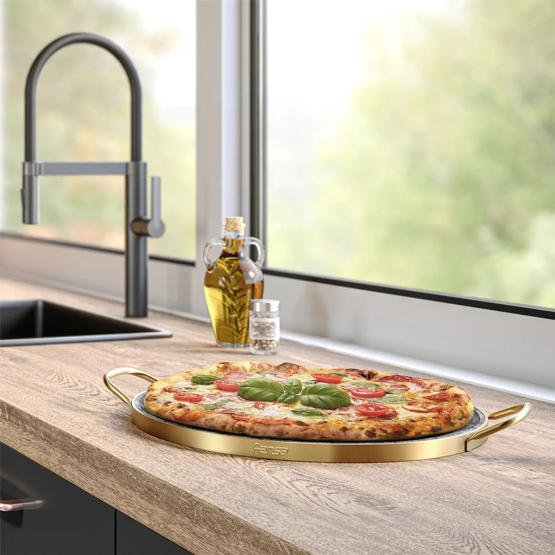 Piedra para Pizza Fensa Piedra con Asas de Cobre 8