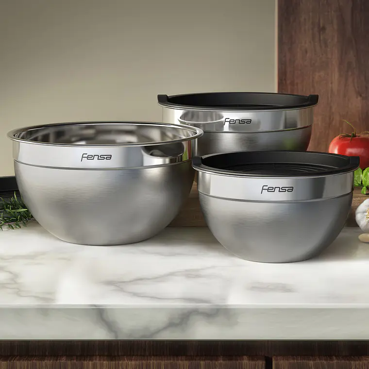 Set Bowls Acero Inoxidable Fensa Multiuso 3 Unidades Tapa de Plástico 8