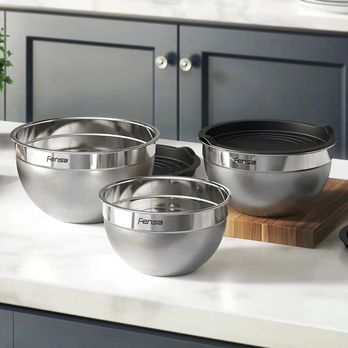 Set Bowls Acero Inoxidable Fensa Multiuso 3 Unidades Tapa de Plástico 11