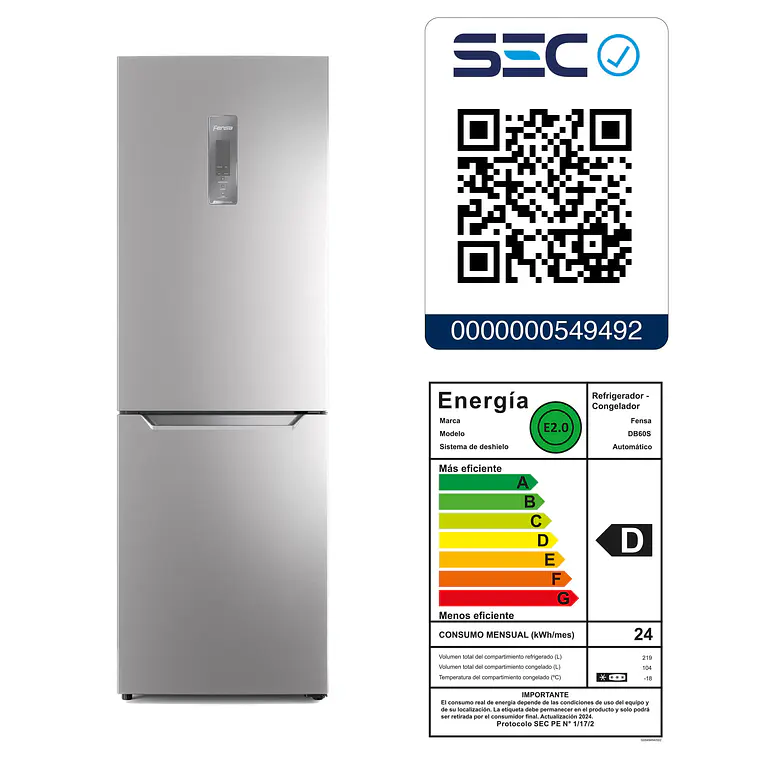 REFRIGERADOR FENSA 322L NO FROST BOTTOM FREEZER CON PUERTA REVERSIBLE DB60S INOX 7