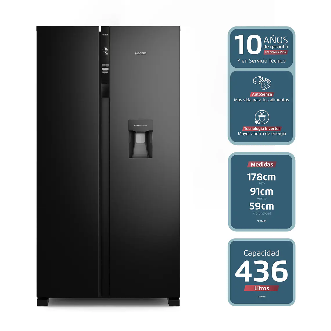 REFRIGERADOR FENSA 436L NO FROST SIDE BY SIDE INVERTER DISPENSADOR DE AGUA SFX440B NEGRO 2