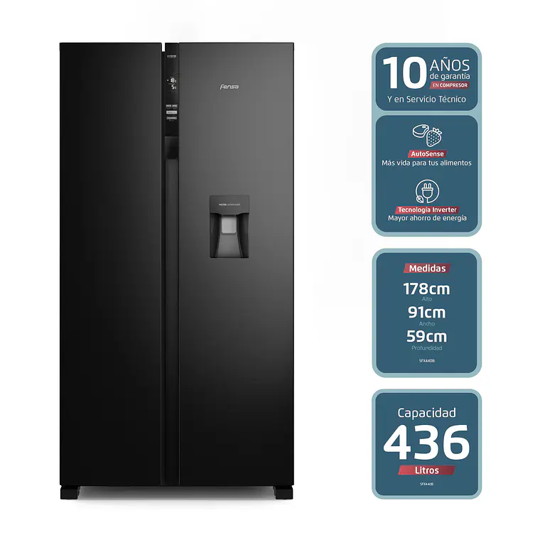 REFRIGERADOR FENSA 436L NO FROST SIDE BY SIDE INVERTER DISPENSADOR DE AGUA SFX440B NEGRO 2