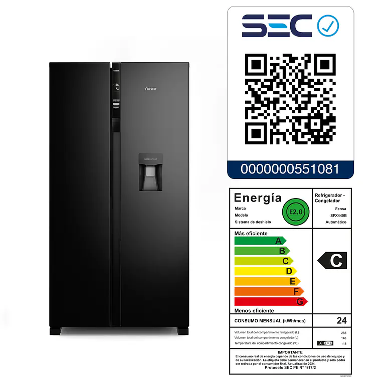 REFRIGERADOR FENSA 436L NO FROST SIDE BY SIDE INVERTER DISPENSADOR DE AGUA SFX440B NEGRO 8