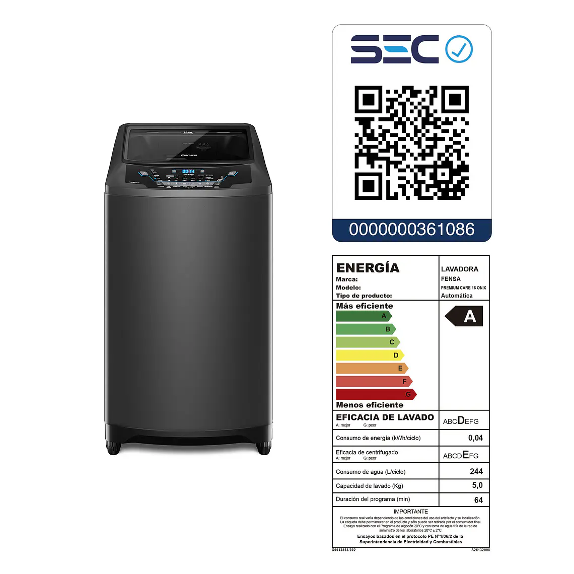 LAVADORA AUTOMÁTICA FENSA 16KG CARGA SUPERIOR AHORRO DE AGUA PREMIUM CARE 16 ONIX 15