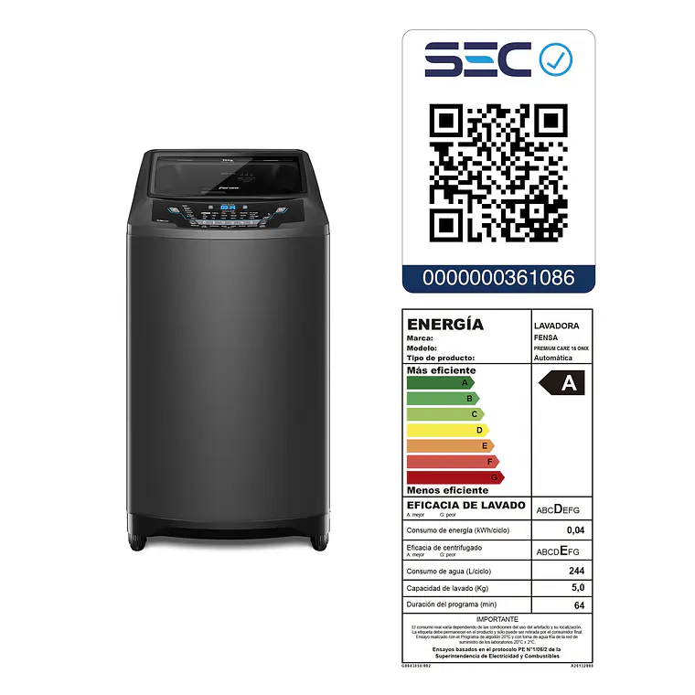 LAVADORA AUTOMÁTICA FENSA 16KG CARGA SUPERIOR AHORRO DE AGUA PREMIUM CARE 16 ONIX 15