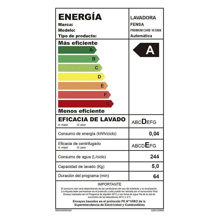 LAVADORA AUTOMÁTICA FENSA 16KG CARGA SUPERIOR AHORRO DE AGUA PREMIUM CARE 16 ONIX 16