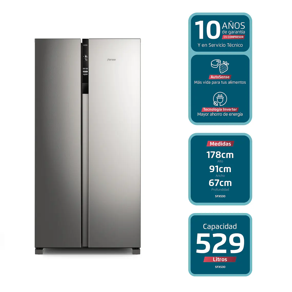 REFRIGERADOR FENSA 525L NO FROST SIDE BY SIDE INVERTER CON AUTOSENSE SFX530 INOX 2
