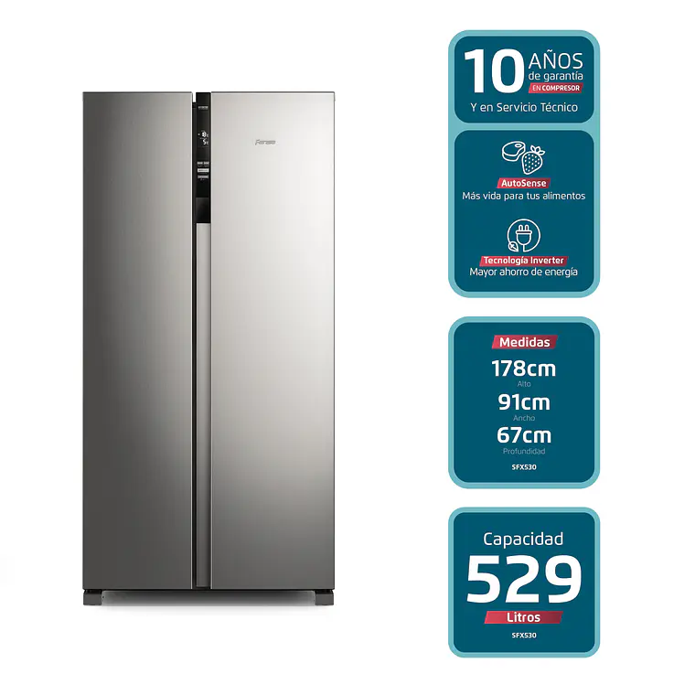 REFRIGERADOR FENSA 525L NO FROST SIDE BY SIDE INVERTER CON AUTOSENSE SFX530 INOX 2
