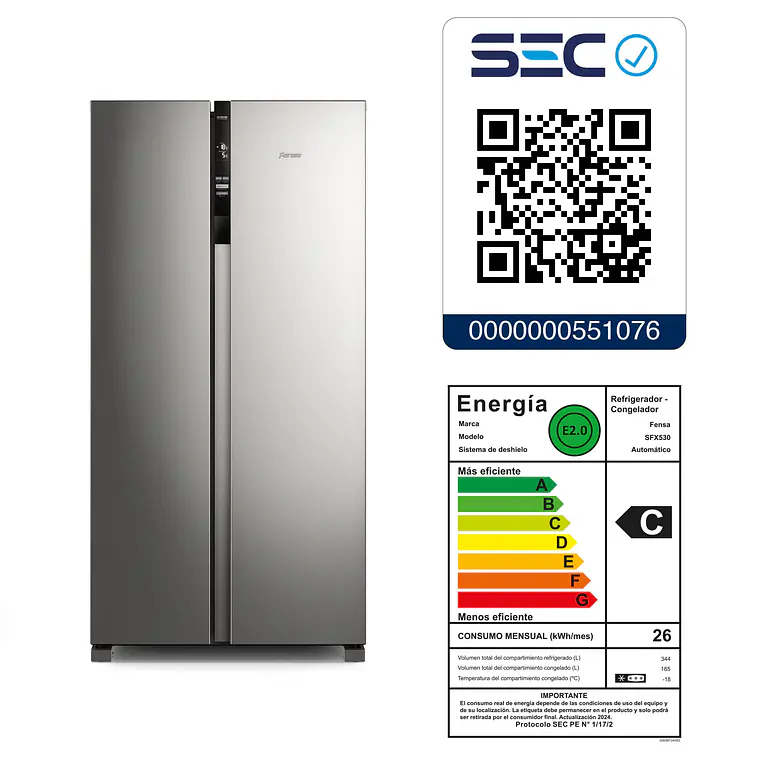 REFRIGERADOR FENSA 525L NO FROST SIDE BY SIDE INVERTER CON AUTOSENSE SFX530 INOX 10