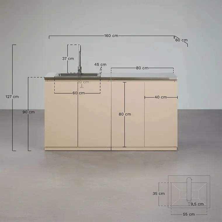 Cocina modular de exterior de 2 piezas con fregadero y almacenaje en acero Palina 9