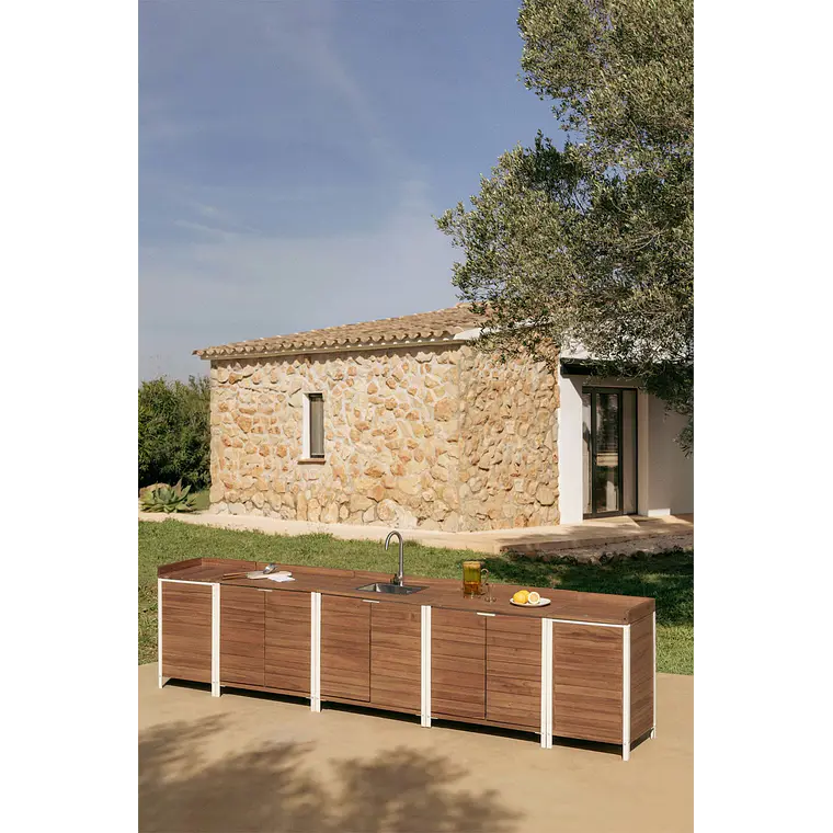 Cocina modular de exterior de 6 piezas con fregadero y almacenaje en madera de acacia Orlina 1