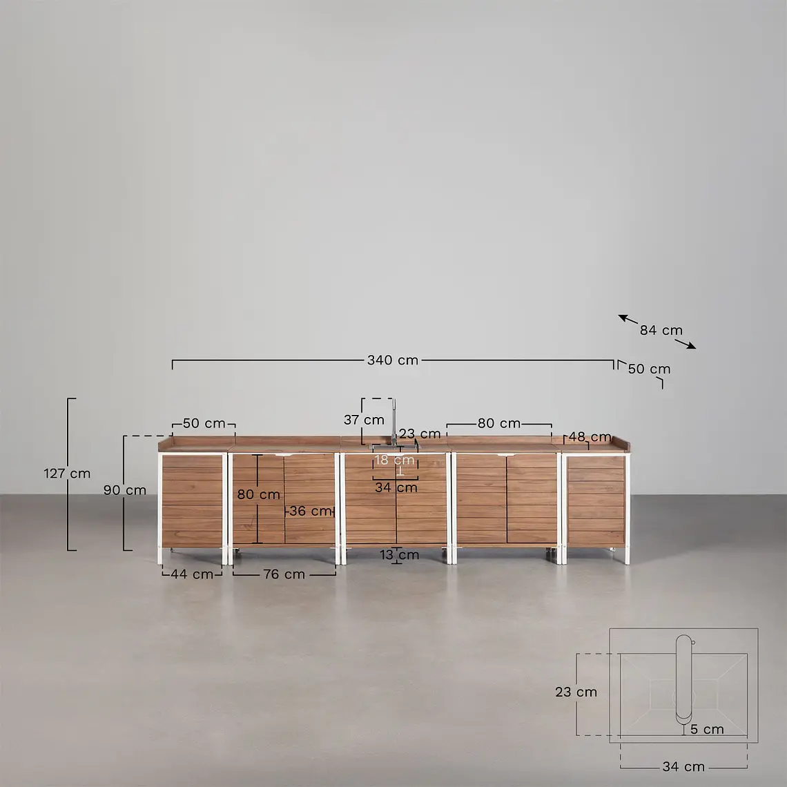 Cocina modular de exterior de 6 piezas con fregadero y almacenaje en madera de acacia Orlina 12