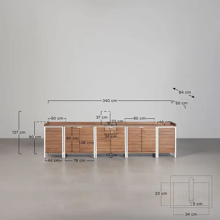 Cocina modular de exterior de 6 piezas con fregadero y almacenaje en madera de acacia Orlina 12