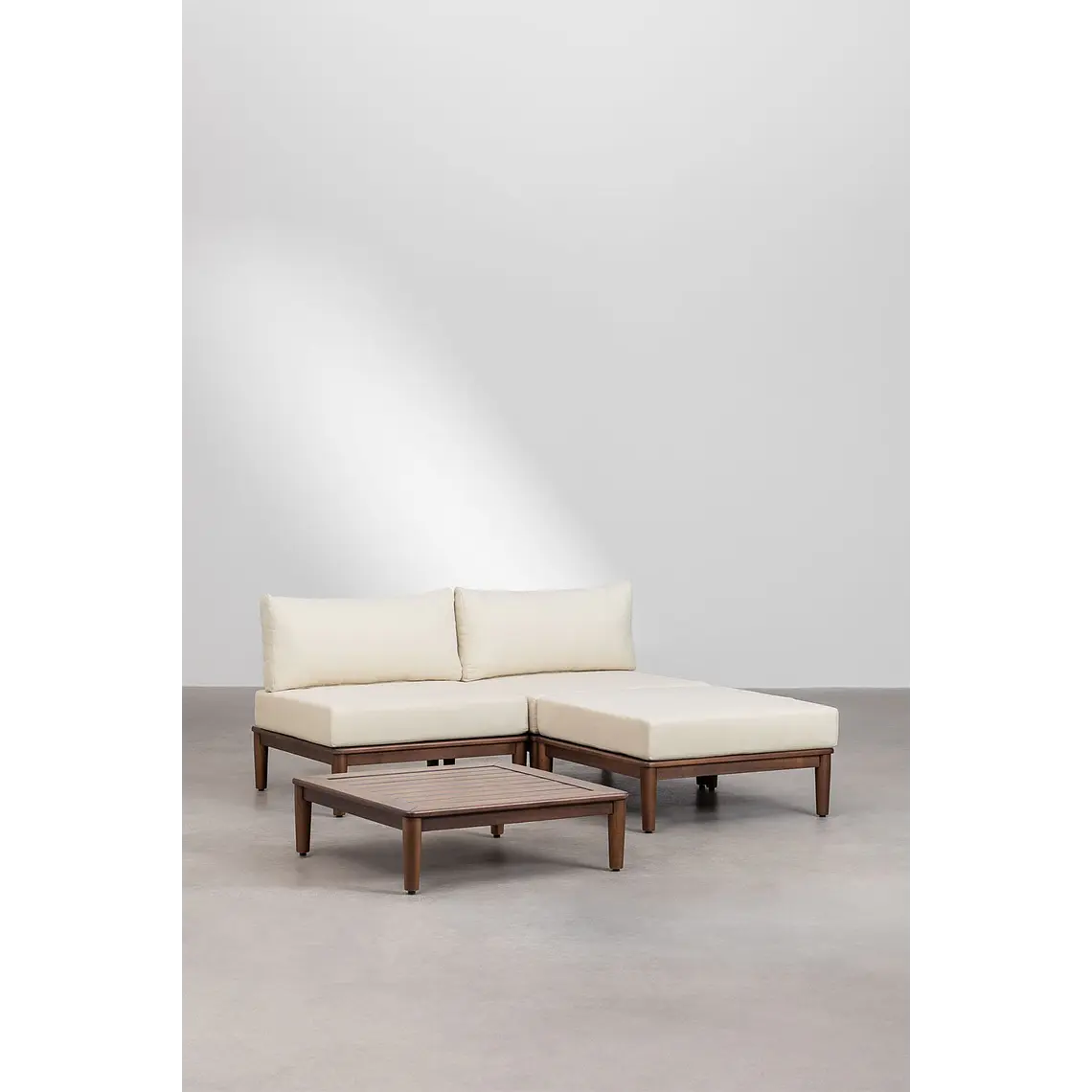 Conjunto de jardín con sofá modular de 2 piezas, mesa de centro y puff en acacia Brenia 1