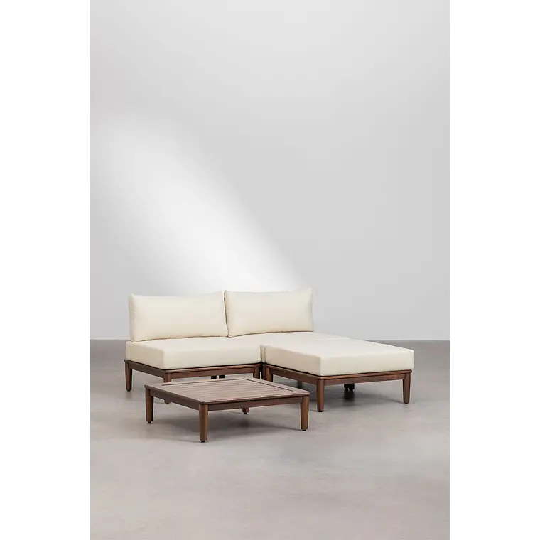 Conjunto de jardín con sofá modular de 2 piezas, mesa de centro y puff en acacia Brenia 1