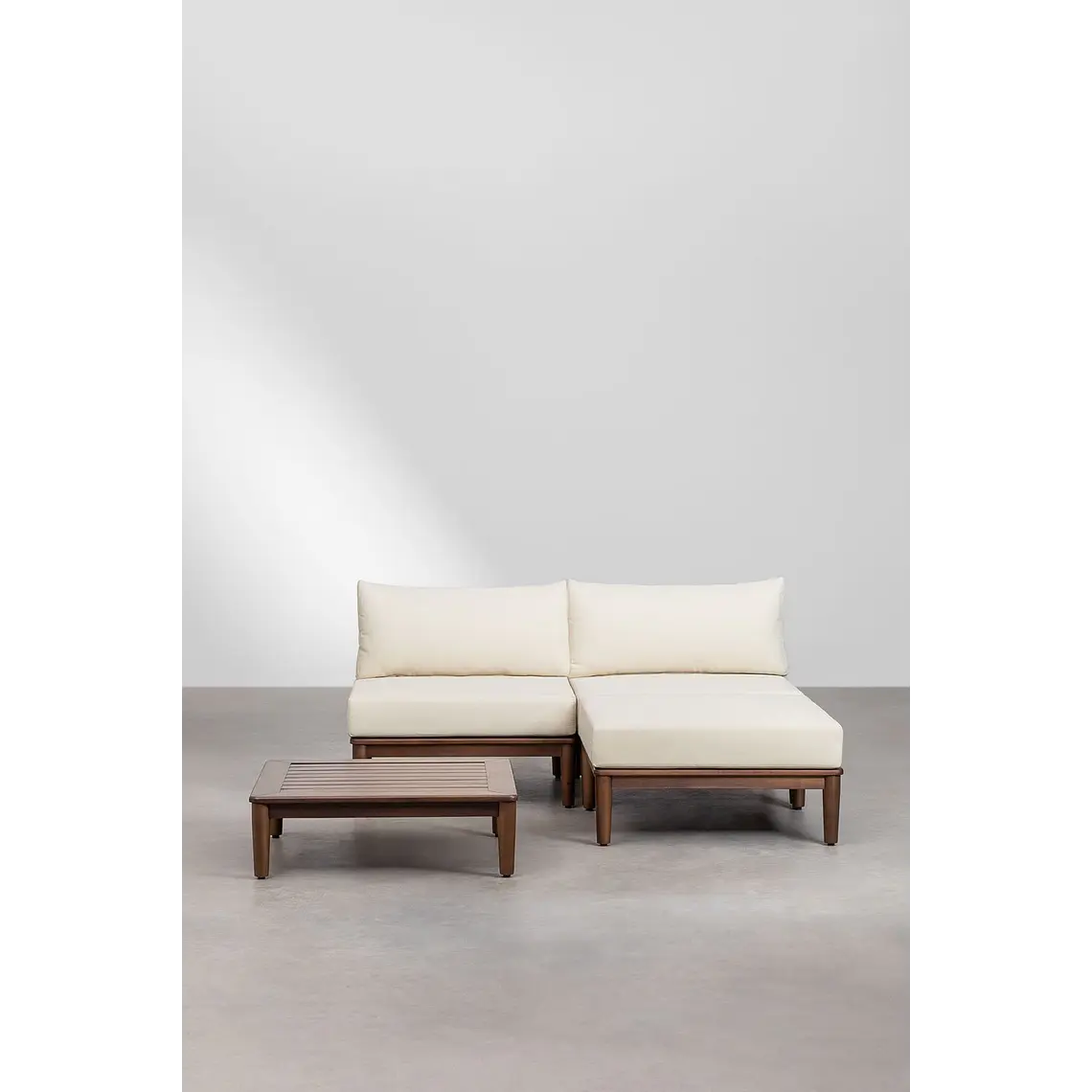 Conjunto de jardín con sofá modular de 2 piezas, mesa de centro y puff en acacia Brenia 2