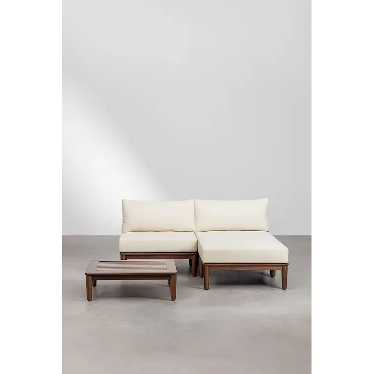 Conjunto de jardín con sofá modular de 2 piezas, mesa de centro y puff en acacia Brenia 2