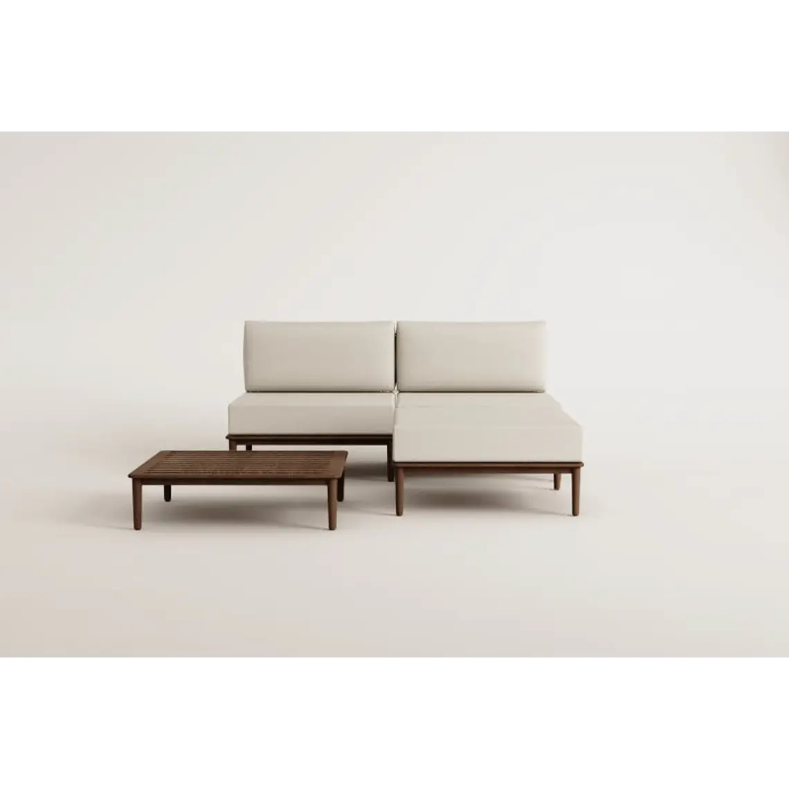 Conjunto de jardín con sofá modular de 2 piezas, mesa de centro y puff en acacia Brenia 10