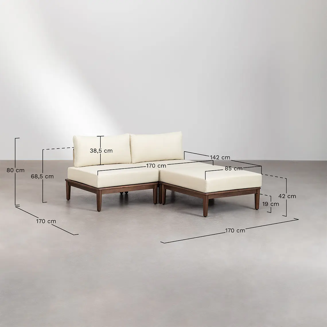 Conjunto de jardín con sofá modular de 2 piezas, mesa de centro y puff en acacia Brenia 11