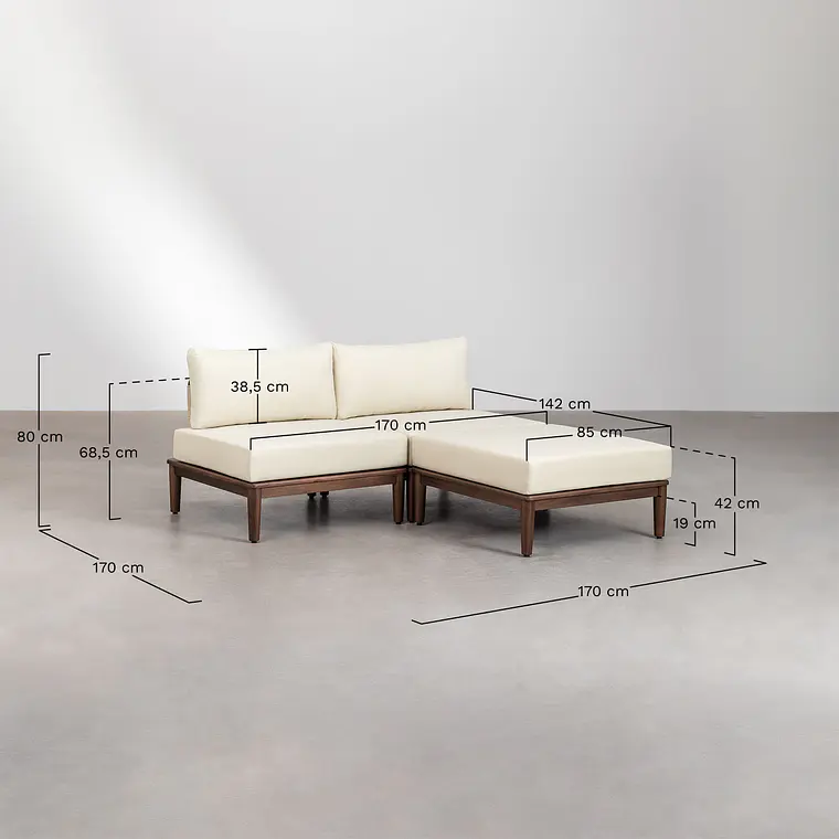 Conjunto de jardín con sofá modular de 2 piezas, mesa de centro y puff en acacia Brenia 11
