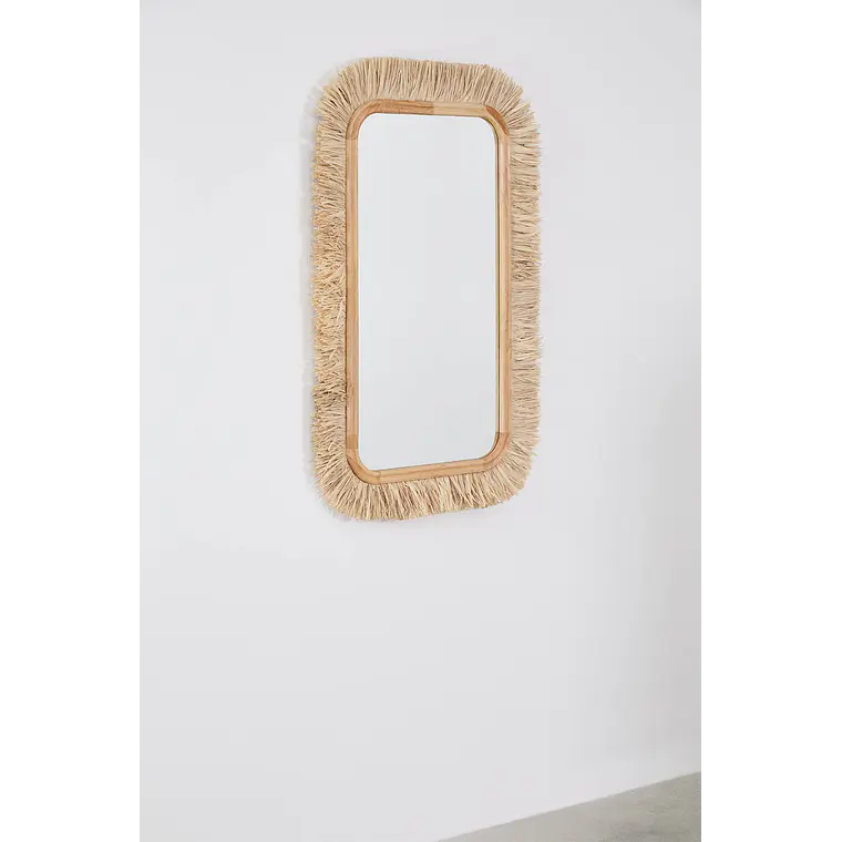 Espejo de pared rectangular 65x105 cm en madera de roble y rafia Dara 2