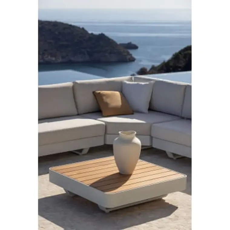 Mesa de centro para jardín cuadrada 90x90 cm en aluminio y madera de teca Gavena 11