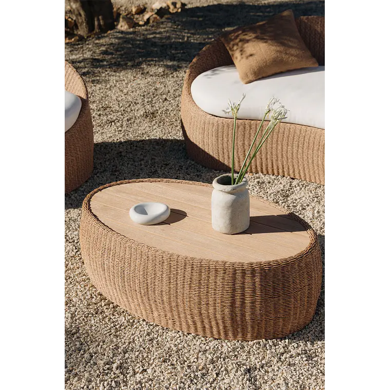 Mesa de centro para jardín ovalada 105x60 cm en madera de acacia y ratán sintético Gareva 2