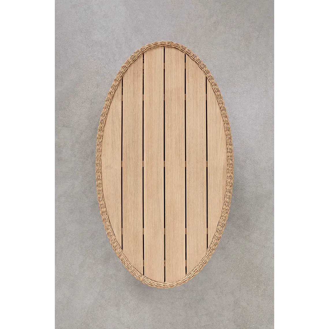 Mesa de centro para jardín ovalada 105x60 cm en madera de acacia y ratán sintético Gareva 9