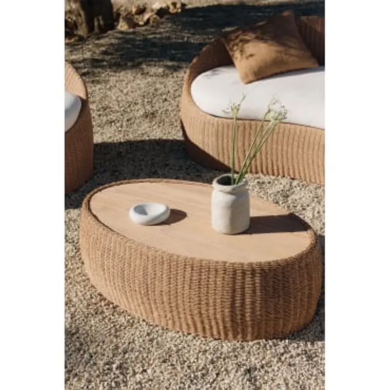 Mesa de centro para jardín ovalada 105x60 cm en madera de acacia y ratán sintético Gareva 12
