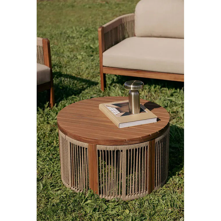 Mesa de centro para jardín redonda Ø70 cm en madera de acacia y cuerda trenzada Branova 1